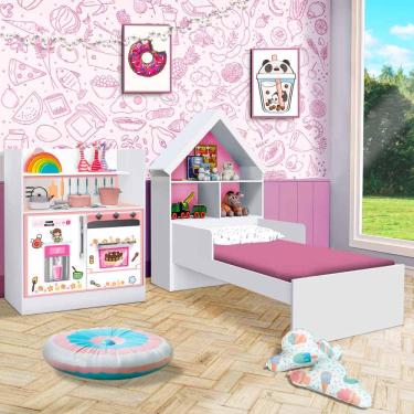 Imagem de Cama Infantil Branca Com Cozinha Infantil MDF Rosa Bebê Magia Gabrielli Móveis