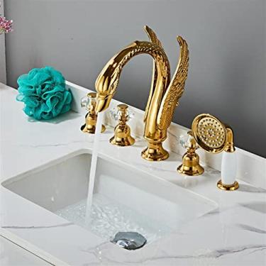 Imagem de Torneira de pia de banheiro, torneira de banheira de ouro, misturador de lavatório difundido cisne com chuveiro de mão, torneira de água quente e fria (cor: estilo 1) Double the comfort