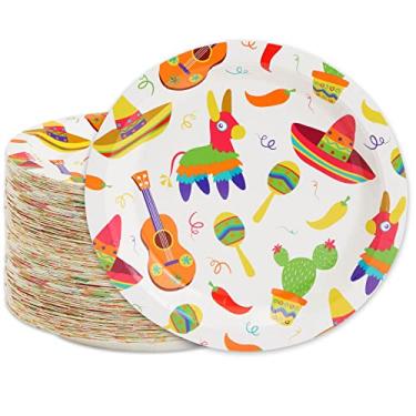 Imagem de BLUE PANDA Pratos de papel Fiesta – 23 cm, pacote com 80 unidades, design mexicano Fiesta – Conjunto de pratos de festa de taco resistentes e descartáveis multicoloridos