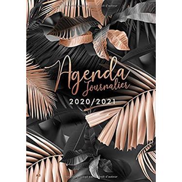 Imagem de Agenda 2020 2021: 18 mois journalier 2020-2021 - format A5 - juillet 2020 à décembre 2021 - planificateur, semainier simple & graphique, motif Feuille de Palmier Tropical or rose et noir