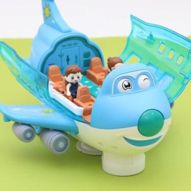 Imagem de Avião Maluco Infantil Gira 360 Bate E Volta Azul Com Bonecas E Luzes -
