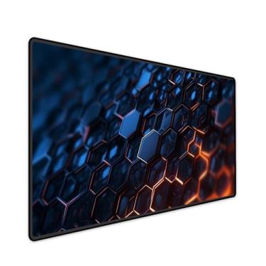 Imagem de Mouse Pad Gamer Speed Extra Grande Deskpad Profissional com Borda Costurada 100x50cm - Hexagonal Azul Laranja