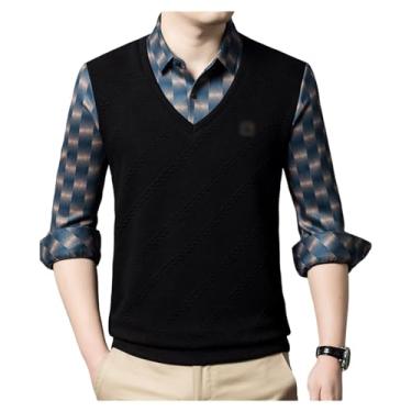 Imagem de Suéter masculino de lã para negócios, casual, engrossado, camisa falsa de malha torcida de duas peças, Café, G