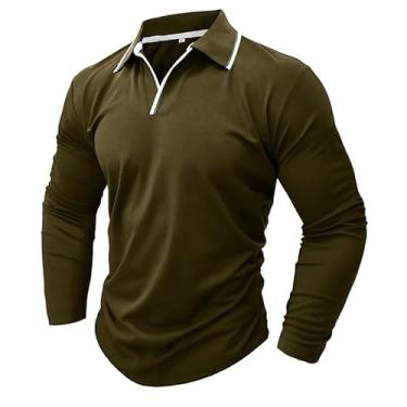 Imagem de Camiseta polo outono e inverno nova gola V cor sólida camisa polo para homens comércio exterior manga longa, Verde militar, P