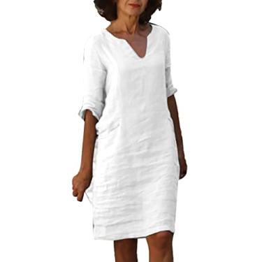 Imagem de Lainuyoah Vestidos elegantes de verão para mulheres 2024 boho vestido de linho manga curta gola V evasê, comprimento até o joelho, vestido camisa de férias, A - Branco, M