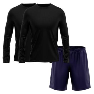 Imagem de Kit Short Azul Marinho + 2 Camisetas Masculina Manga Longa Segunda Pele Esporte Treino-Masculino