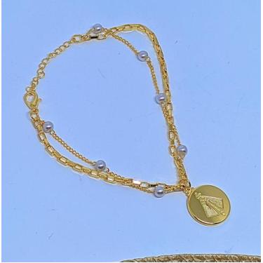 Imagem de Pulseira Religiosa Corrente Dupla Camada com Pérolas Branca Feminino  