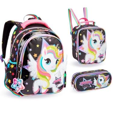 Imagem de Kit Mochila Lancheira e Estojo Escolar Infantil Unicórnio