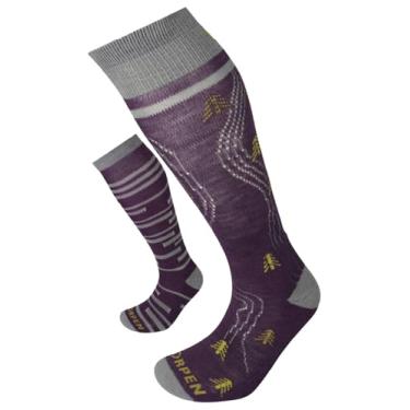 Imagem de Lorpen Meia feminina ecológica T1, ótima para esportes de inverno, ecológica e sustentável, alta e acolchoada, pacote com 2, cinza/ameixa, tamanho pequeno