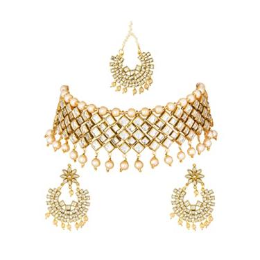 Imagem de Bodha Conjunto de joias tradicionais de colar de noiva com gargantilha de pérola Kundan banhado a ouro indiano com tikka e brincos para mulheres, Latão, Sem pedras preciosas