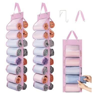 Imagem de DHSFKBE Organizador de leggings, organizador de 2 peças, organizador de armário dobrável para pendurar com 16 compartimentos independentes para calças de ioga, regatas, toalhas, roupas íntimas (rosa)