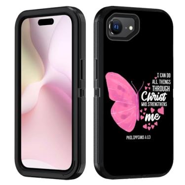 Imagem de FVAENDHIO Capa para iPhone SE 4, capa protetora 3 em 1 híbrida híbrida à prova de choque à prova de choque para iPhone 16e (2025) 6,1 polegadas, verso bíblico com citação borboleta Filipenses 4:13
