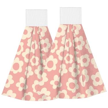 Imagem de PDDCWAY Conjunto de 2 toalhas de cozinha com flores rosas fofas para primavera, verão, vintage, floral, com laço para pendurar, margarida branca, toalha de banho absorvente macia para casa de banho,