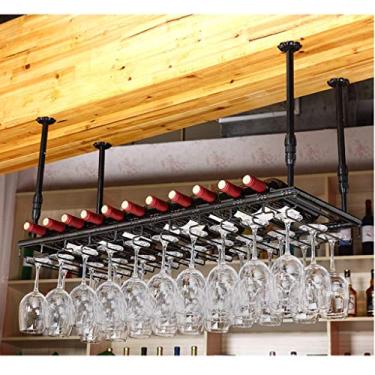 Imagem de Rack de vinho suspenso no teto, rack de taças de metal preto, suporte de vidro flutuante para bar, suporte de taça de vinho, suporte de taça de vinho ajustável para pendurar alto (tamanho: 80 × 35 cm