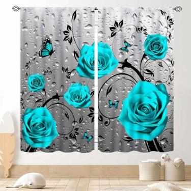 Imagem de Cortinas florais rosa, romântico azul-petróleo flor dia dos namorados romance gotas de chuva cinza moderno cortina de janela tratamentos para mulheres meninas quarto sala de estar apartamento banheiro