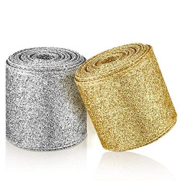 Imagem de 2 rolos de fita metálica com glitter, 6,3 cm x 9,5 m, fita de Natal com glitter, fitas decorativas para festas, decorações de casa, artesanato de aniversário de casamento (ouro, prata)