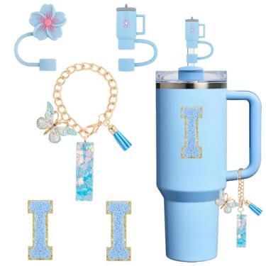 Imagem de Acessórios de copo para Stanley Cup 850.5 g 1,134.0 g, decoração de iniciais de copo para Stanley, incluindo tampa de palha de silicone, pingente de alça, adesivo, azul 5 peças (I)