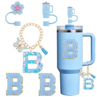 Imagem de Acessórios de copo para Stanley Cup 850.5 g 1,134.0 g, decoração de iniciais de copo para Stanley, incluindo tampa de palha de silicone, pingente de alça, adesivo, azul 5 peças (B)