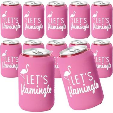 Imagem de Let's Flamingle! Conjunto de 12 copos de refrigerador de latas rosa e branca, suplemento de festa de flamingo para festa de aniversário, festa de despedida de solteira e chás de panela de noiva (Let's Flamingle)