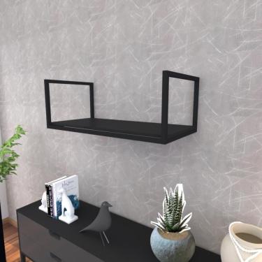 Imagem de Prateleira Industrial Suspensa Estante Parede Nicho Preto Ferro E Madeira Suporte Pratileira