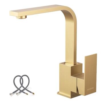 Imagem de WOWOW Torneira de barra dourada escovada torneiras de pia de barra de manípulo único de aço inoxidável pequena torneira de cozinha com mangueira de abastecimento mini bar