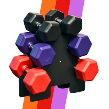 Imagem de Kit de Halteres Sextavados com Suporte, 3 Pares 1kg/2kg/3kg, Plástico, Preto/Roxo/Vermelho, para Musculação e Fisioterapia Musculação em Casa Peso Leve