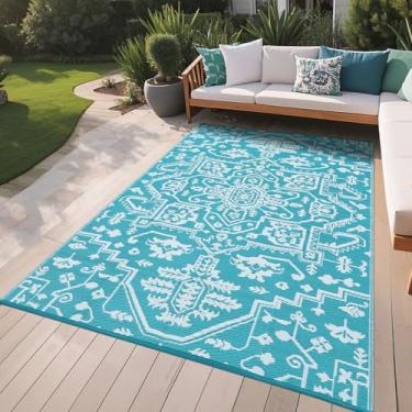 Imagem de Tapete de palha de plástico reversível impermeável 20 x 25 cm, resistente aos raios UV, medalhão vintage, tapete de acampamento para pátio, deck, varanda, piquenique, tapete externo grande, azul claro