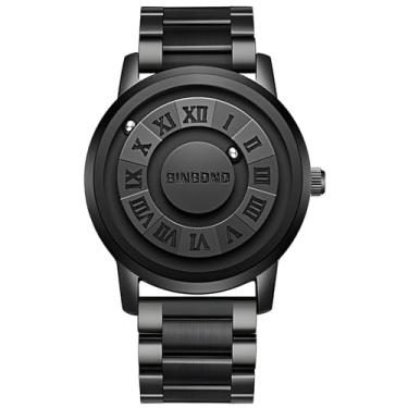 Imagem de JewelryWe Relógio masculino de quartzo magnético: preto 3 ATM à prova d'água sem design de lente mostrador numeral romano pulseira de aço inoxidável futurista ponteiro bola conceito relógio de pulso
