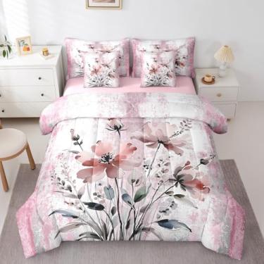 Imagem de Erosebridal Jogo de cama Queen com flores em aquarela para mulheres, conjunto de edredom com pintura a óleo abstrata de microfibra macia, decoração rústica, de casa de fazenda, rosa ombré, cinza