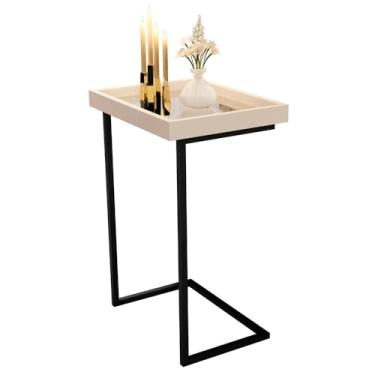 Imagem de Mesa Lateral Espelhada com Pés de Ferro Apoio Sala Sofá Moderna Decoração Resistente e Elegante (Pérola/Preto)