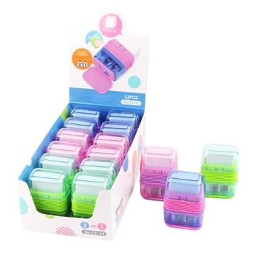 Imagem de Ouksma Conjunto de 12 apontadores de lápis de furo duplo com borrachas para escola, escritório e materiais de arte (verde/rosa/roxo, 12)