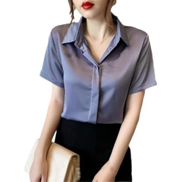 Imagem de Blusas Femininas De Manga Shrot Blusas De Cetim Para Escritório Com Botões, Gray-blue, L
