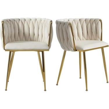 Imagem de Cadeiras De Jantar De Veludo, Cadeira De Jantar Moderna Dourada Com Pernas De Metal, Cadeiras De Jantar Estofadas Tecidas Para Sala De Jantar, Cozinha, Penteadeira, Sala De Estar, Beige