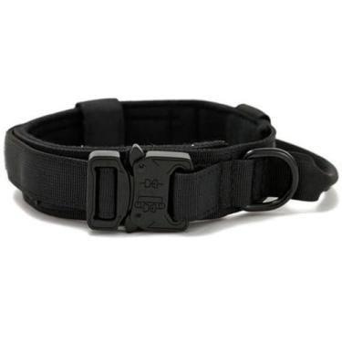 Imagem de Coleira Tática Militar Ajustável Resistente Para Cachorro Com Alça Treinamento Pet Grande/Médio Porte(Preto/Fivela de Metal (Fino),GG (XL))