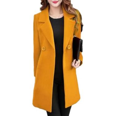 Imagem de Casaco De Lã Feminino Inverno Elegante Gola Entalhada Trespassado Mistura De Lã Sobre Casaco De Ervilha De Cor Sólida, Yellow, XXL