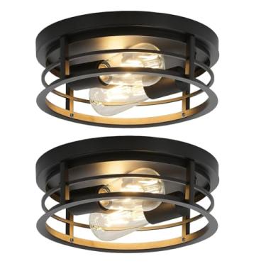 Imagem de DOXVIEZE Pacote com 2 luzes perto de teto, luminária de teto preta para casa de fazenda de 28 cm, luminária de teto interna com base E26 industrial moderna para cozinha, quarto, sala de estar