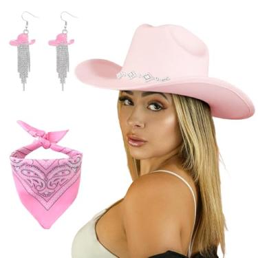 Imagem de JIANGLAI Chapéu de cowgirl ocidental para mulheres e homens, chapéu de cowboy Fedora de aba larga com strass e brincos de borla de vaqueira, rosa, tamanho �nico