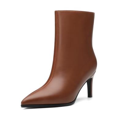 Imagem de ROSERWISH Botas de cano curto femininas gatinho salto baixo bico fino casual confortável vestido curto GoGo 3 polegadas sapatos outono inverno, Marrom, 11