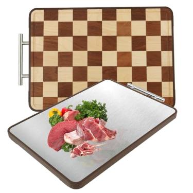 Imagem de Tábua de corte de grão de ponta dupla face de madeira de aço inoxidável tábua de corte de bloco de açougueiro para cozinha com ranhuras e alças de suco, tábua de servir dobrável para pão e frutas