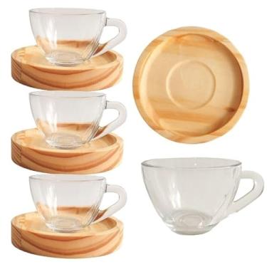 Imagem de Xícara de Vidro 90ml com Pires de Madeira – Design Moderno e Resistente, Ideal para Café Expresso, Chá e Cantinho do Café (4 XIC CAFÉ LISA +PIRES REDONDO)