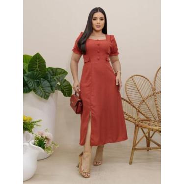 Imagem de Vestido Elegante Moda Evangélica de Linho Decote Quadrado com Botões E