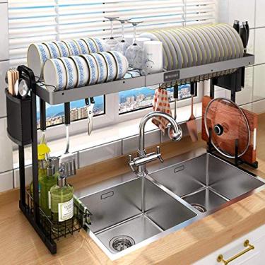 Imagem de CLLBANT Prateleira para pratos, prateleira para pratos, prateleira para secar pratos, prateleira de drenagem de cozinha em aço inoxidável 201 preto, organizador de escorredor de louça - 1 nível / 2 ni