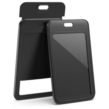 Imagem de Pacote com 3 porta-crachás deslizantes para identidade, estojo protetor de cartão de plástico vertical preto rígido com janela transparente para cartões de identificação de escritório, carteiras de