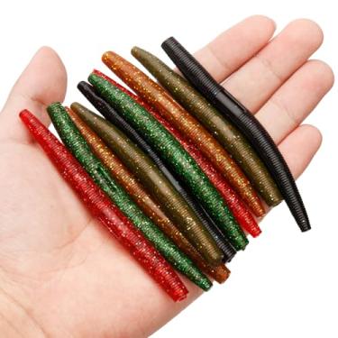 Imagem de 30 iscas de pesca macias Wacky Worm, iscas de pesca de robalo de 10 cm, iscas de borracha em bastão de 5 cores para baixo de plástico macio para pesca em água doce e salgada