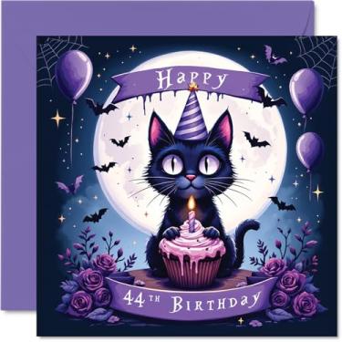 Imagem de Stuff4 Cartões de aniversário de 44 anos para homens e mulheres - Gato preto assustador - Cartão de feliz aniversário para homem de 44 anos mulher irmão marido sobrinho amigo, cartões comemorativos de