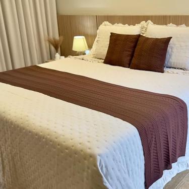 Imagem de Kit peseira manta trico cama casal queen king para sofá com 2 almofadas decorativa cama posta (Marrom, King)
