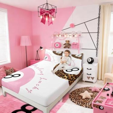 Imagem de Jogo de lençol com elástico moderno de leopardo, estampa de guepardo, arte moderna para meninos e meninas, decoração de quarto com 8 bolas da sorte, rosa, branco e marrom, 1 fronha (não plana)