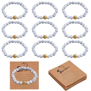 Imagem de DICOSMETIC 12 pulseiras de softball, 10 mm, contas de howlita brancas, pulseiras elásticas de pedra natural com cartão de exibição, lembrancinhas de festa esportivas para homens e mulheres, aprox. 24