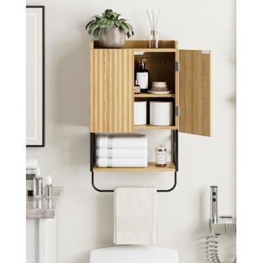 Imagem de Masupu Armário de parede de banheiro canelado, pequeno armário de banheiro suspenso com prateleira ajustável e portas de trava magnética, armários de parede de madeira para lavanderia, carvalho