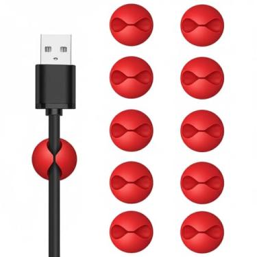 Imagem de Clipes de cabo, suporte de cabo, clipes adesivos, suporte de fio para gerenciamento de cabos, carregador de telefone, mesa, parede, mesa de cabeceira e escritório, vermelho, 10 peças